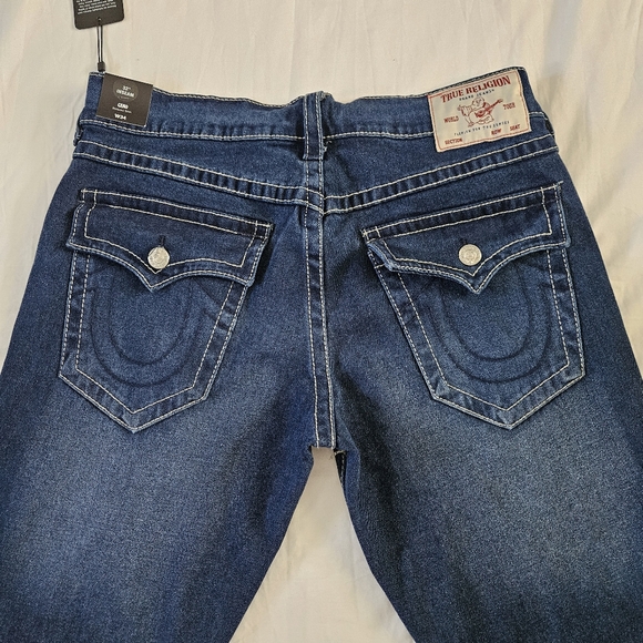 True Religion Geno Relaxed Slim Blue Jeans Big T Flap Slim Medium Lagoon Size 34 - Picture 6 of 7